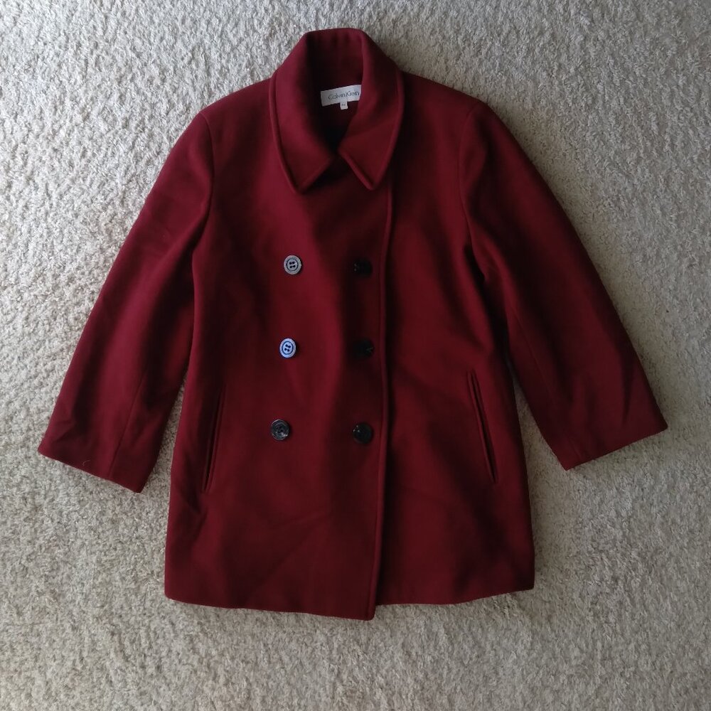 Calvin Klein Red Wool Blend Double Breasted Peacoat Size Womens P14